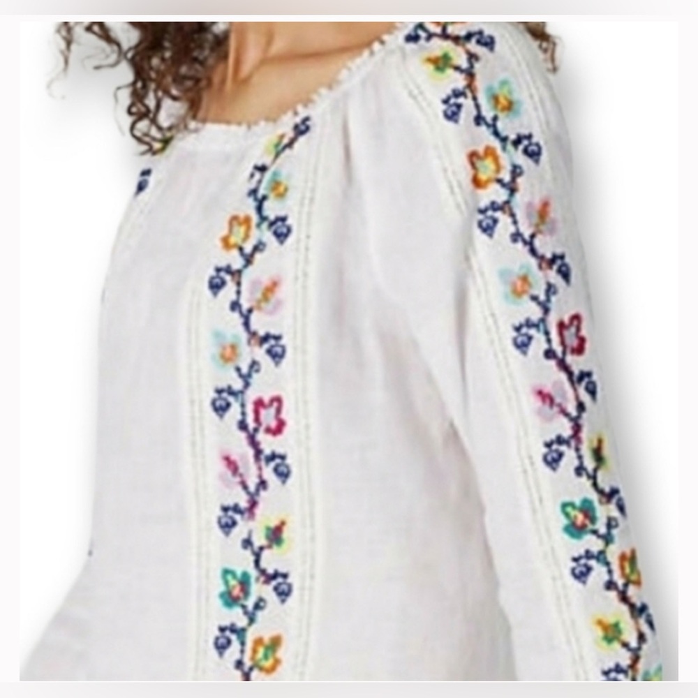 J Jill linen embroidered flowy whimsical white floral blouse size L luxury chic - Picture 2 of 9